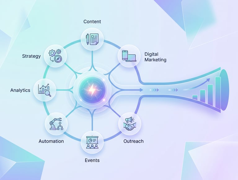 Demand generation engine infographic showing integrated marketing channels driving revenue growth.