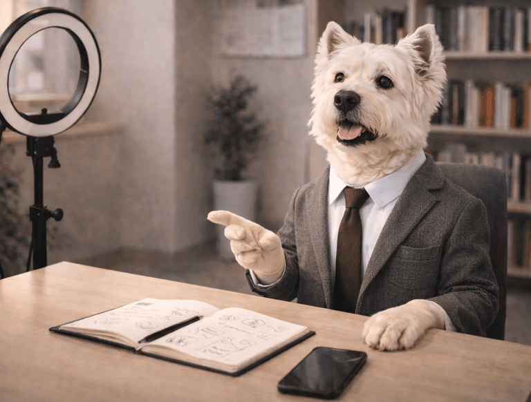 A dog wearing a suit and a tie sitting at a desk with a ring light and smartphone.
