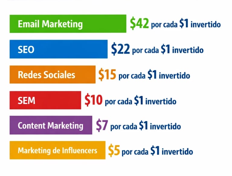 Comparativa visual del ROI marketing digital promedio por canal principal actualizado 2026