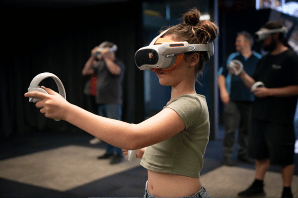 Young girl wearing a VR headset and holding VR controllers playing VR games
