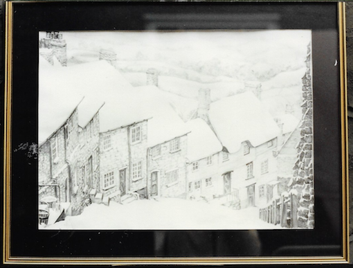 Pencil drawing of houses in Goldhill all under a blanket of snow. 