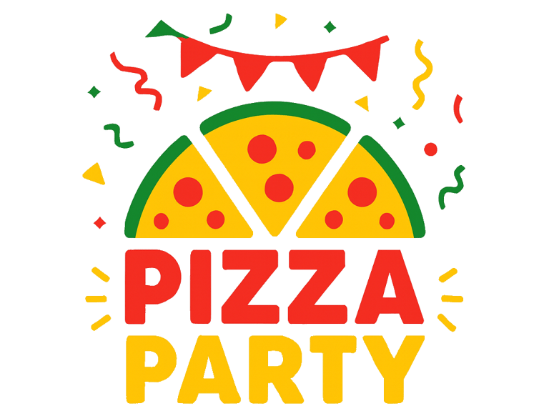 Pizza party illustration with delicious slices, festive confetti, and a red banner.