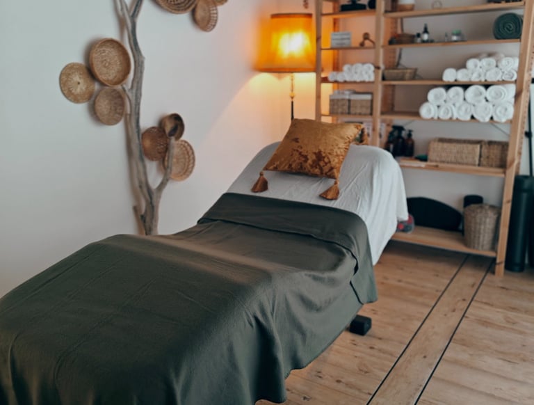 massagebed with pillow and a shelf with baskets and towels