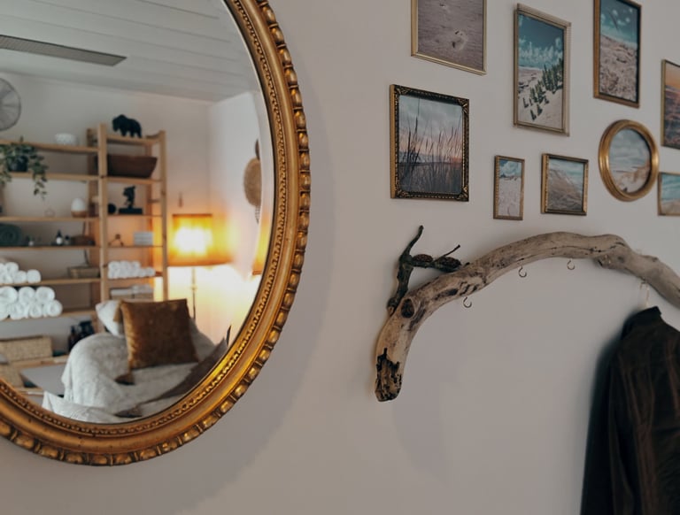 a mirror reflecting a wall with a coat rack and nature pictures