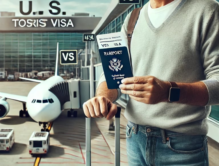 Viajante verifica passagem no aeroporto, pronto para embarcar para os EUA com visto de turista.