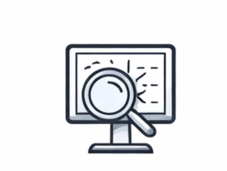 Digital data analysis icon featuring a magnifying glass over a computer screen monitor.
