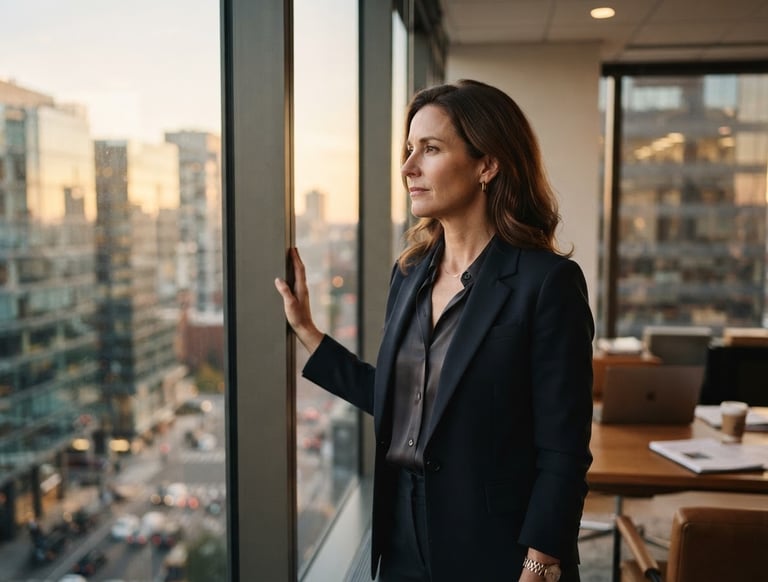A professional environmental portrait of a female executive looking thoughtfully out of a modern office window, warm natural daylight, soft depth of field.