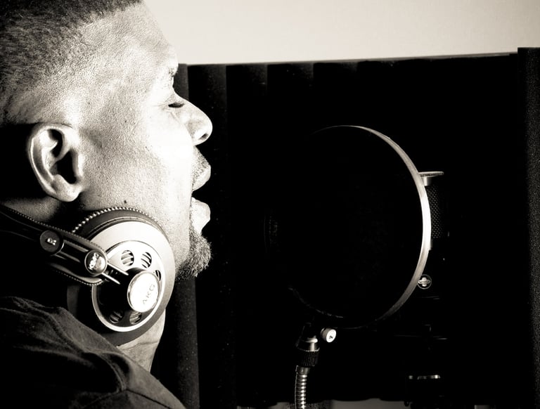 Dr. Marlon Ware standing in front of a microphone with headphones on his ears