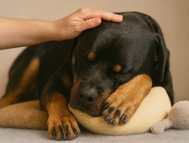 Schlafender Rottweiler liegt entspannt auf einem Kissen, ruhig und sicher 