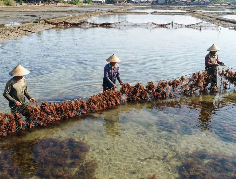 Indonesian farmers harvesting Gracilaria seaweed in Banten ponds, Indonesia