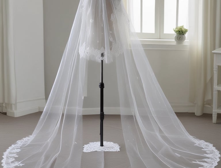 A bride wearing an elegant, beaded white wedding dress gazes lovingly at someone in a black suit. Her makeup is elaborate, and she wears a pearl-covered veil.