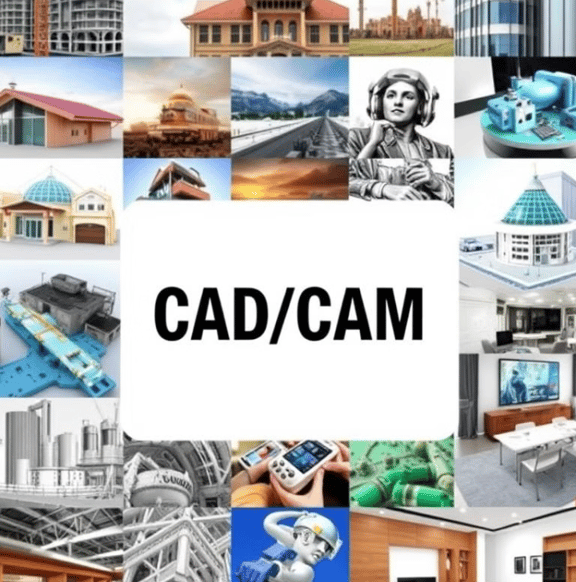 "CAD/CAM collage showing design and engineering applications in various industries."