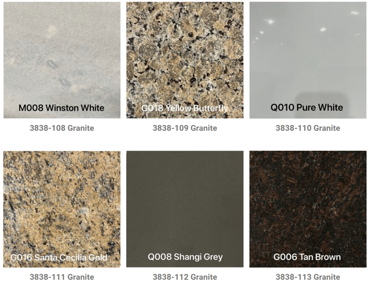 a variety of granite countertops with different colors and textures