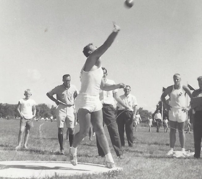 Arvids Zakis throws shot put at LTFC meet in Stouffville, early 1960s