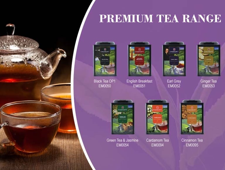a teapot, tea cups with EMINENT Premium Range