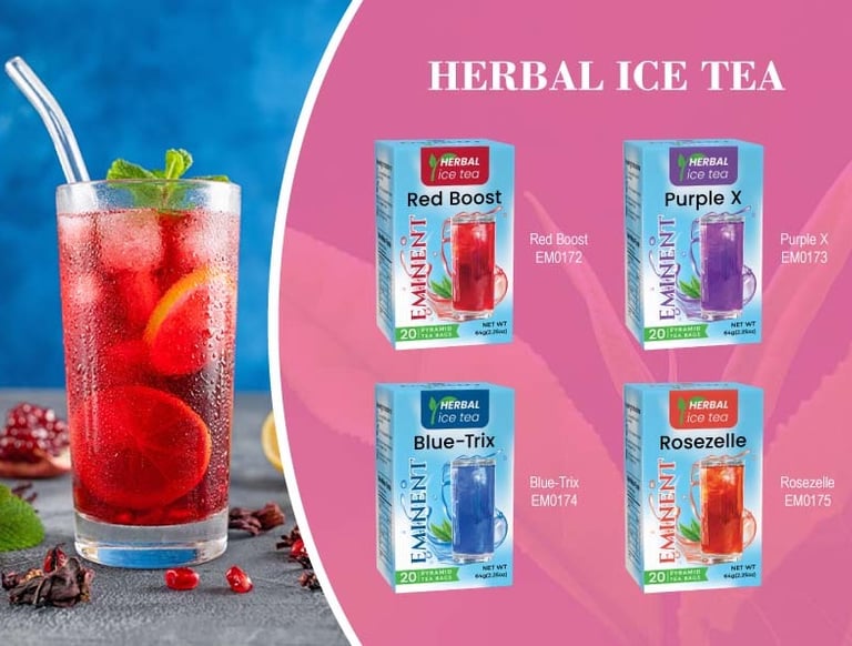a glass of red Herbal Ice tea with Range of the EMINENT herbal Ice tea