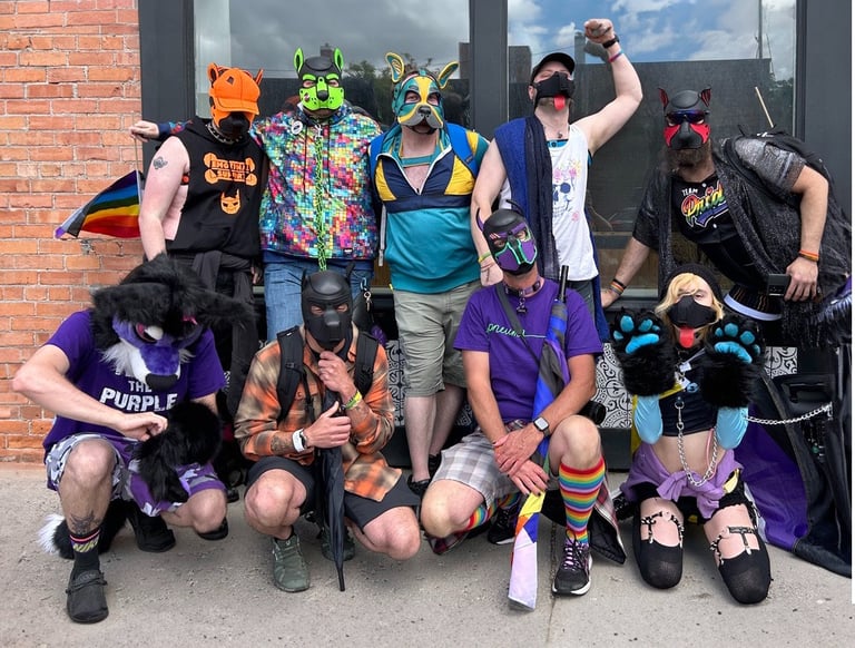 A group of friends posing in pup masks.
