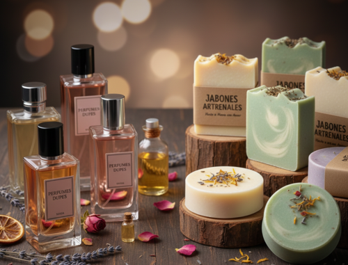 Perfumes dupes, esencias y jabones artesanales sobre una mesa