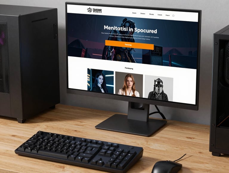 A sleek black and gold themed workspace with a laptop displaying a modern website design.