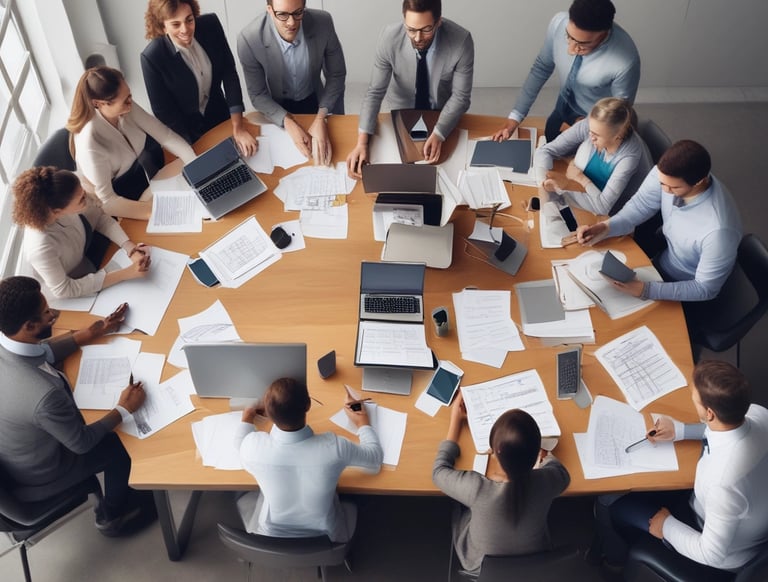 A diverse team collaborating around a modern office table with laptops and digital charts.