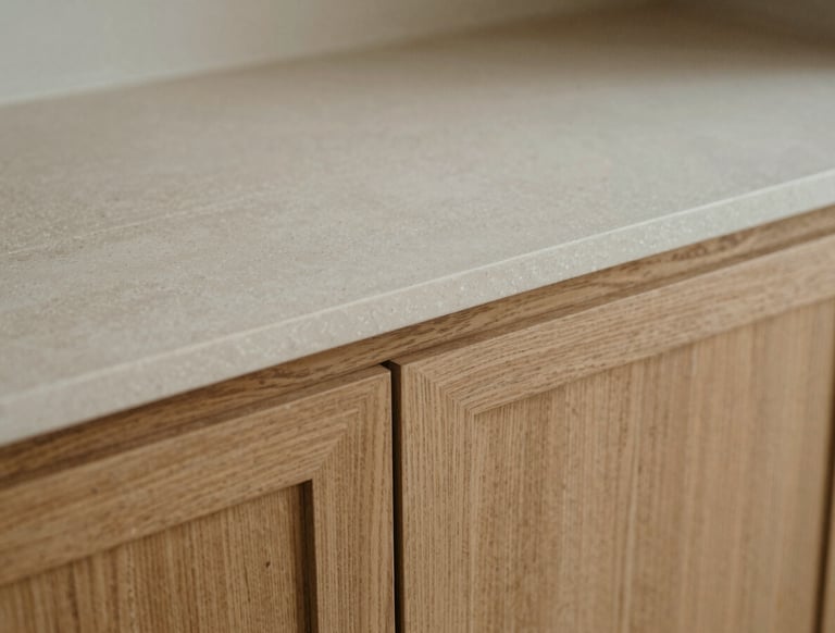 Tight macro shot of a raw travertine slab meeting brushed oak cabinetry, diffused morning daylight, highlighting tactile wood grain and stone texture.