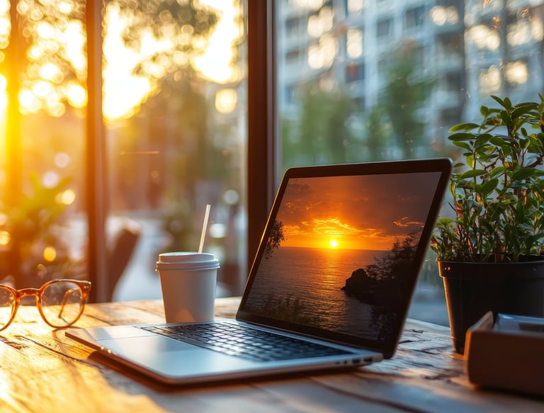 Picture of laptop in cafe with sunshine as laptop background.