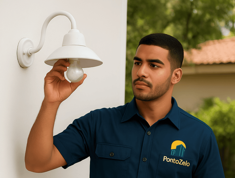 Zelador fazendo manutenção nas lâmpadas do condomínio