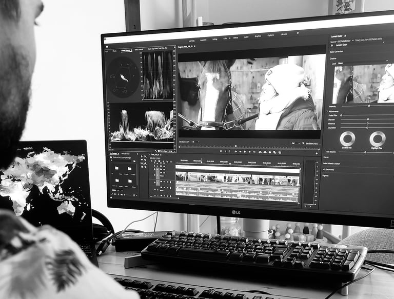 Vidéaste en plein montage sur écran professionnel