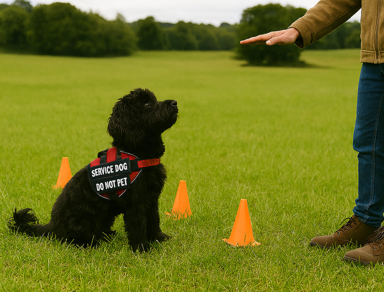 A black cockapoo in training