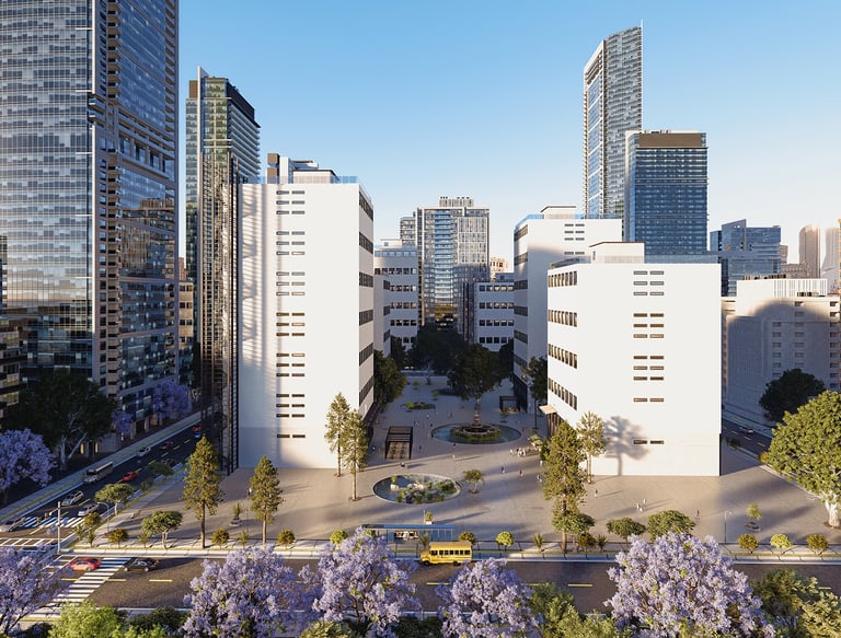 3D render of a generic city with tall skyscrapers and traffic