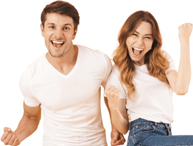 a man and woman are standing in front of a white background