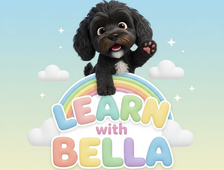 A cartoon black cockapoo with a rainbow