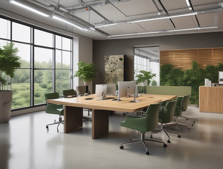 A bright modern office space featuring ergonomic furniture and large windows allowing natural light.