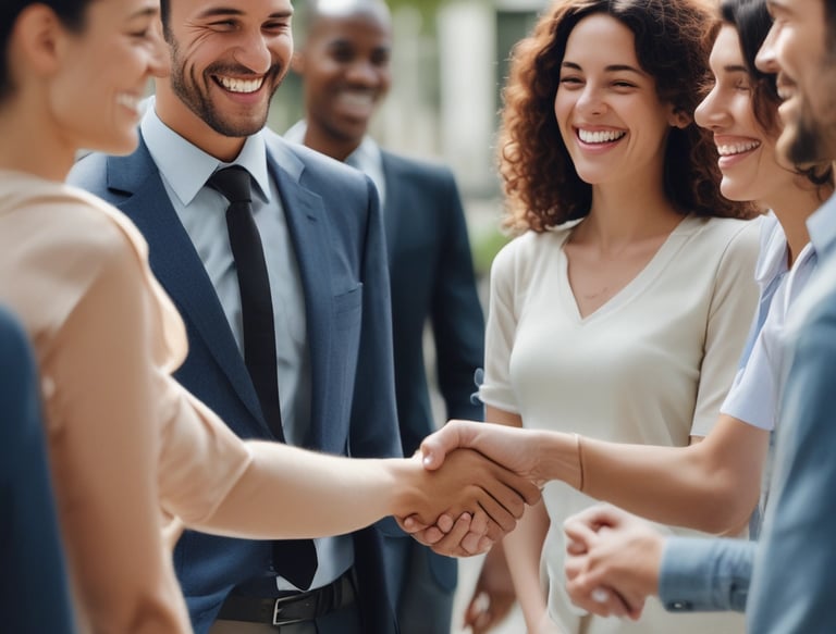 men and women smiling and talking