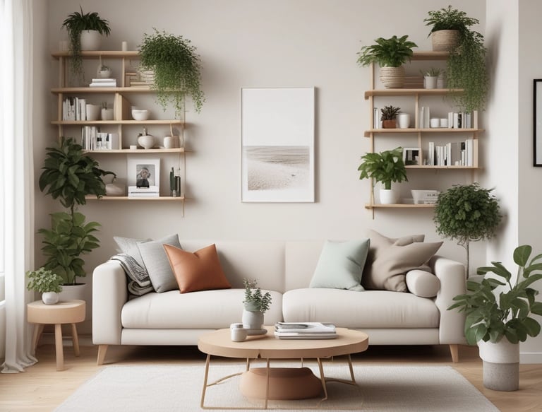 Hands gently arranging a stack of neutral-toned books and plants on a wooden shelf.