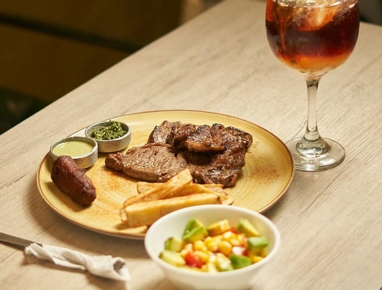 Delicosa carne con papas fritas ensalada y vino en Kabú Café Restaurante Calarcá Quindío