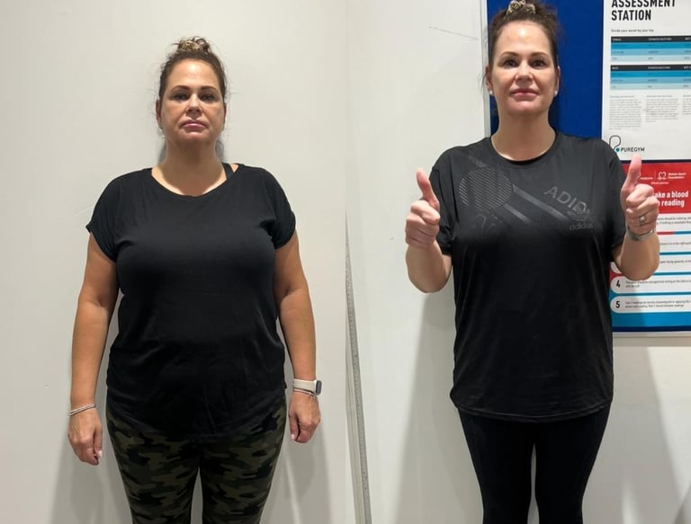 Side-by-side fitness transformation photo of woman in gym, showing progress and positive outcome.