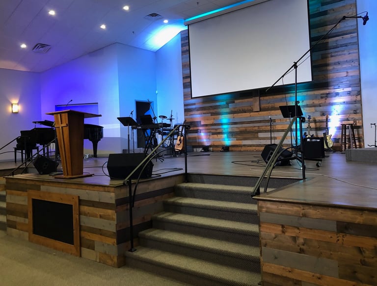 Church stage with instruments and lights