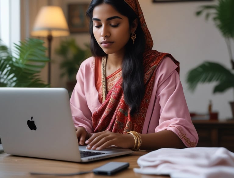 A close-up of hands typing on a keyboard with digital security icons floating above.