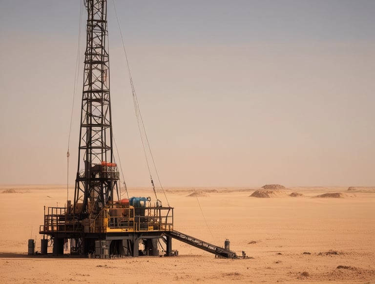 A large industrial drilling machine is positioned in a rocky, barren landscape. The machine is predominantly yellow with visible branding and is equipped for deep drilling. A person wearing a hard hat and protective gear is walking nearby, highlighting an industrial or mining environment. The sky above is clear and blue.