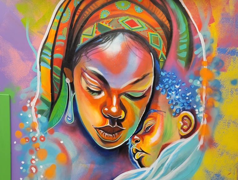 A colorful image of a mother and child painted in WIC office.