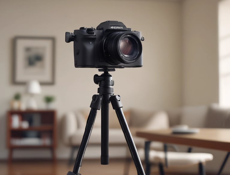 A Canon EOS 77D camera with a flash attachment rests on a maroon tablecloth. Nearby, a small bouquet of white and red roses adds a touch of elegance. In the background, a softly focused gathering of people is visible, indicating a possible event or meeting.
