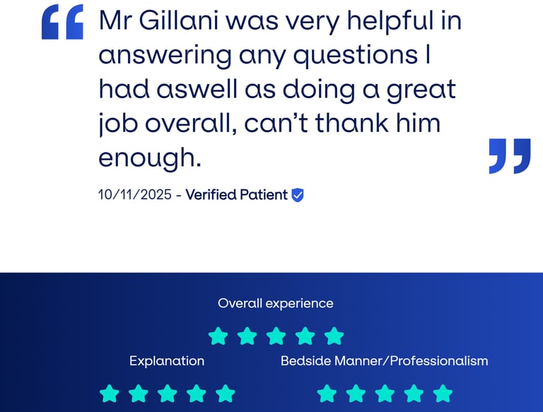 Visual of genuine patient review describing Gillani Knee Clinic’s professional knee care .