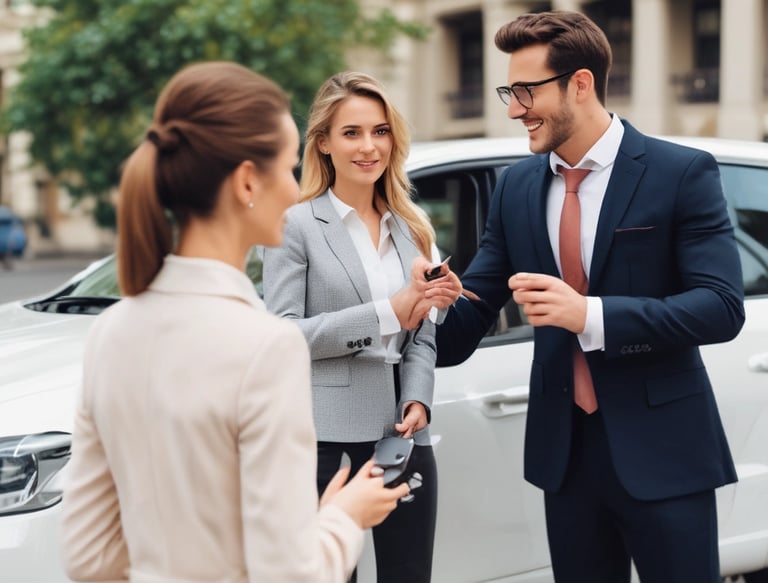 Corporate passengers comfortably seated inside a modern executive vehicle.