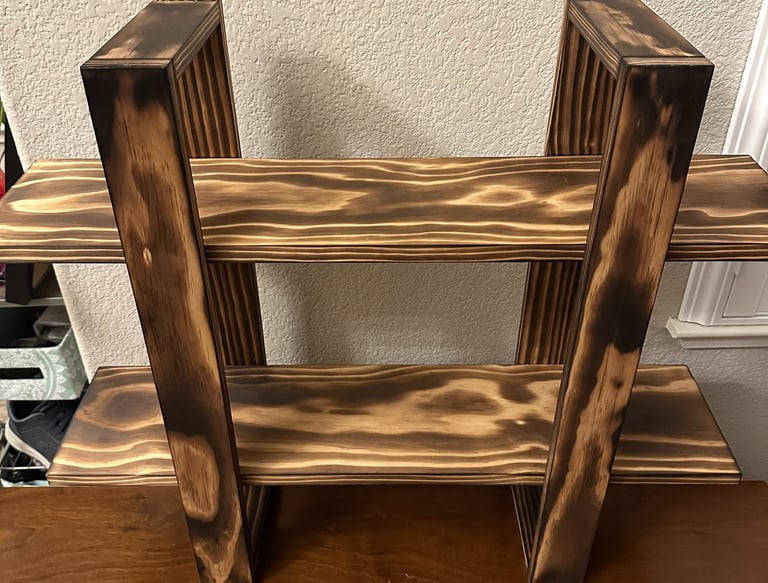 handmade scorched wood shelves