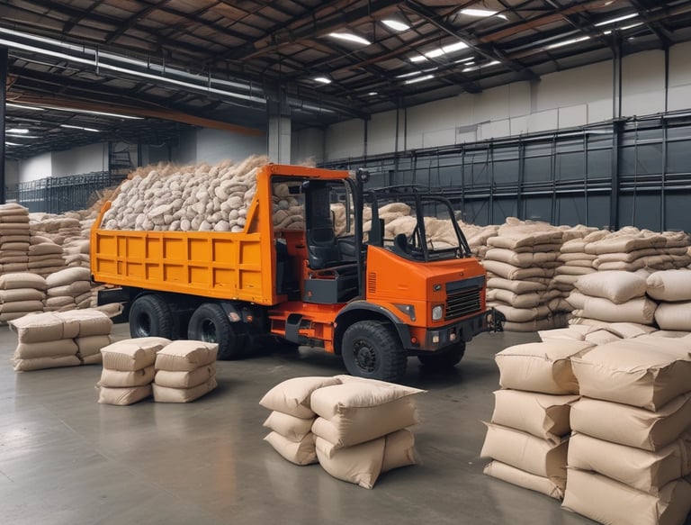 A warehouse worker organizing stacks of cement bags ready for delivery.