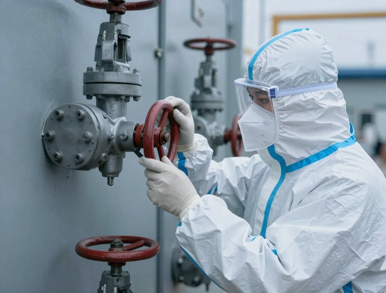 Technician installing a Siemens transmitter on a large industrial pipeline.