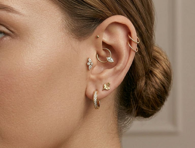 אוזן מעוצבת בסגנון יוקרתי עם עגילי חישוק מזהב, פירסינג דאית' ועגילים בצורת עלים