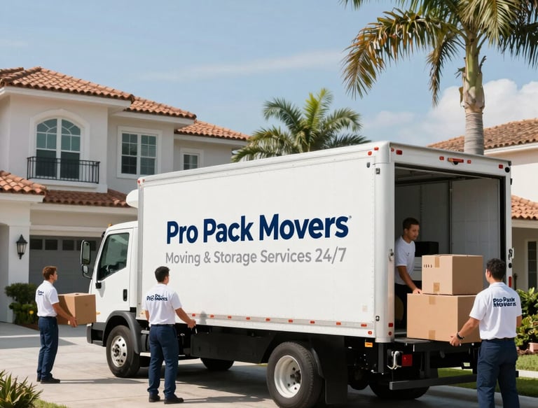 Professional moving truck parked outside a modern home with movers loading furniture.
