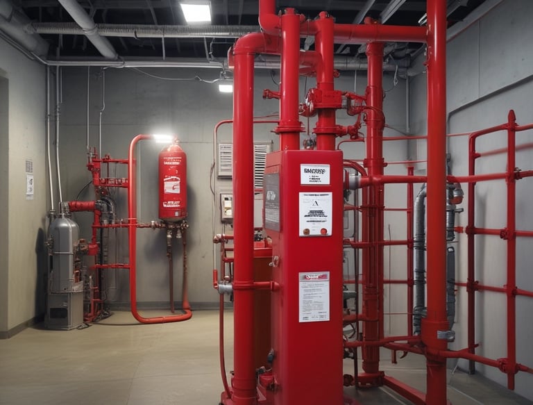 Technician inspecting fire protection systems in an industrial facility.
